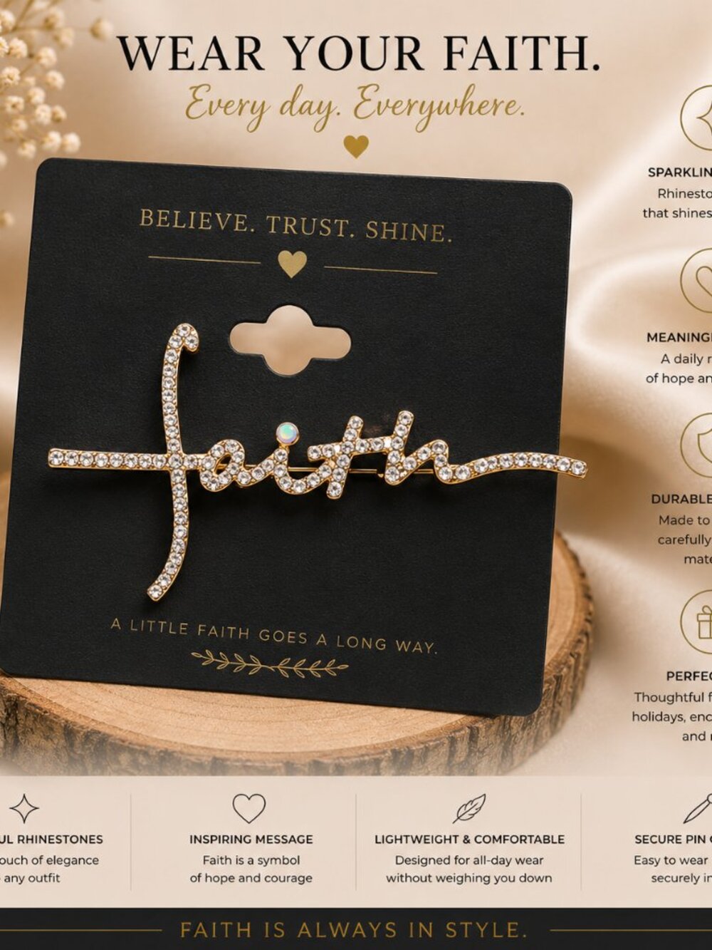 ✨ Faith Rhinestone Brooch Pin | Inspirational Christian Jewelry | Sparkly Faith